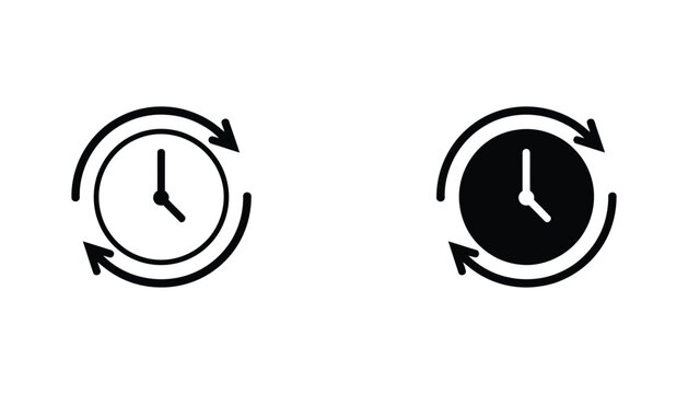 Recurring clock icon set, circular arrow symbols, minimalist outline style, schedule repetition graphics, synchronization elements, reminder functions, time management vector illustration.