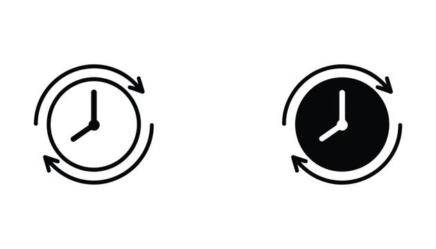 Recurring clock icon set, circular arrow symbols, minimalist outline style, schedule repetition graphics, synchronization elements, reminder functions, time management vector illustration.