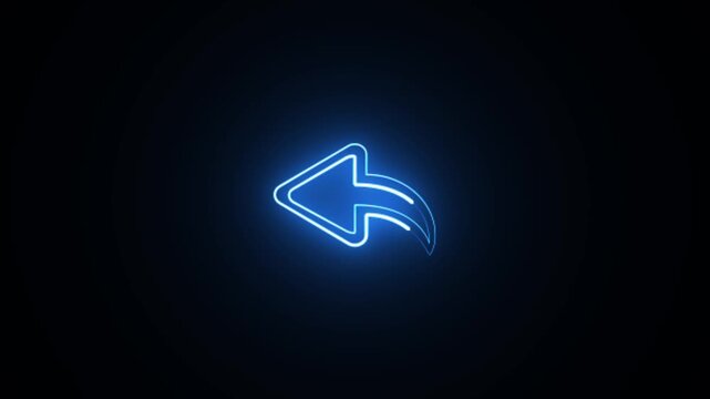 Neon blue back arrow sign glows brightly on a dark background, indicating return or undo action with a dynamic and vibrant effect