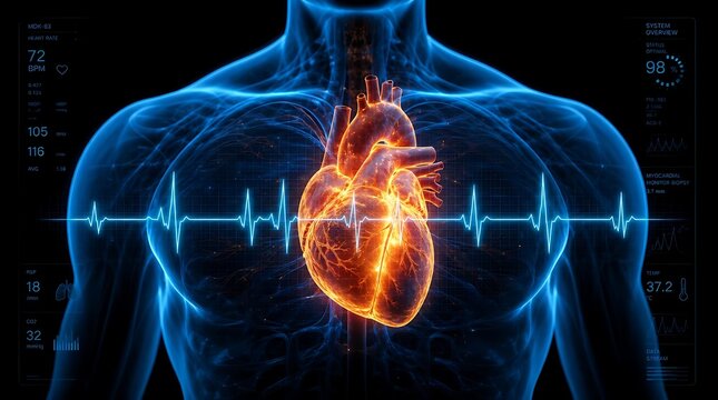Human heart anatomical digital model with electrocardiogram pulse line, clinical