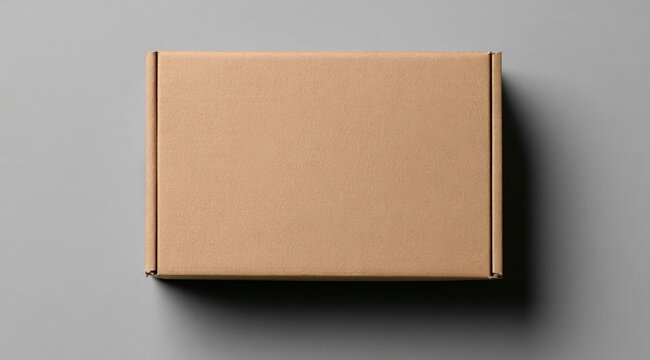 A closed, plain cardboard box is placed on a gray surface, casting a subtle shadow.