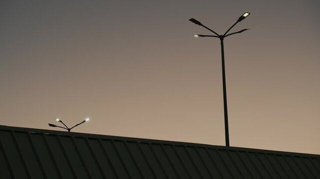 Minimalist view of blinking street light before sunrise against soft dawn sky creating liminal space atmosphere, quiet cinematic background with copy space