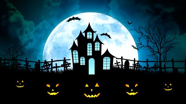 Spooky halloween background with a haunted house silhouette, glowing jackolanterns, a full moon, and bats in a dark, eerie graveyard setting