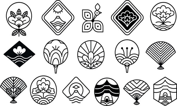 Set of Traditional Japanese Crests and Kamon Style Icons with Minimalist Line Art Featuring Floral Motifs, Nature Symbols, Fans, Mountains, and Waves for Modern Branding and Web Design.
