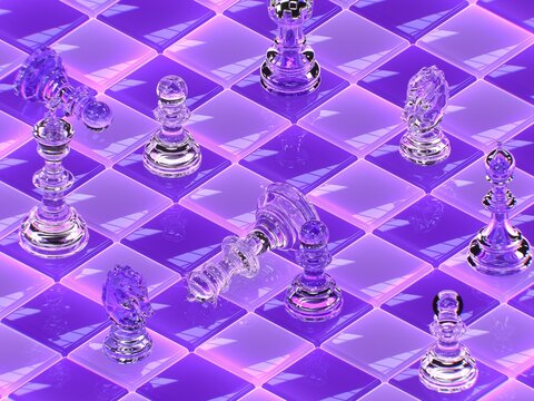Glass chess pieces on purple illuminated board