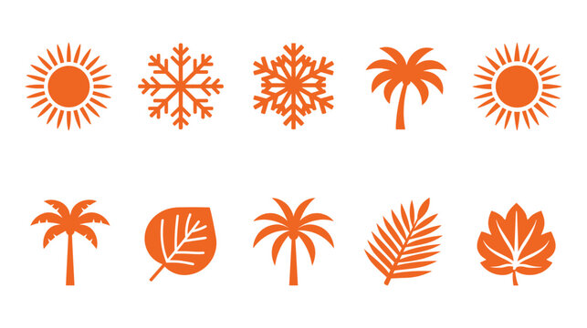 Sun icon collection with orange climate and nature themed symbols