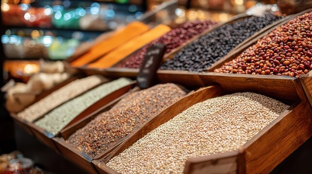 Colorful assortments of dried grains and beans displayed in wooden containers inside a local food market