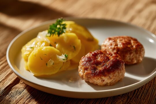 Golden meat patties paired with sliced potato salad on a simple white plate under warm natural light