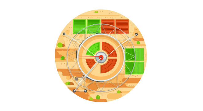 Aerial View of a Futuristic Desert Research Base and Renewable Solar Energy Station Concept Illustration
