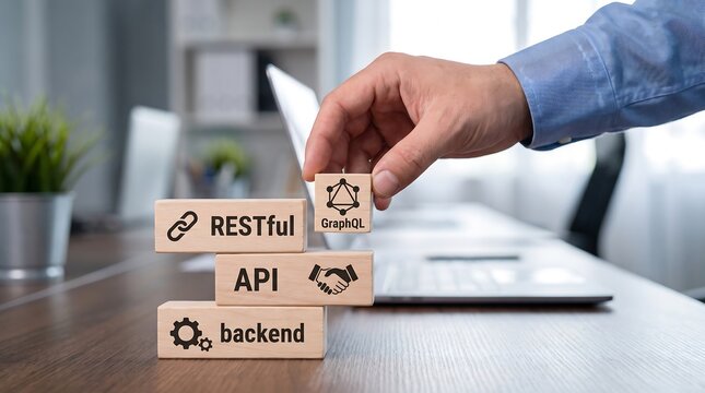 Hand stacking wooden blocks with labels RESTful API backend and GraphQL symbolizing web development concepts