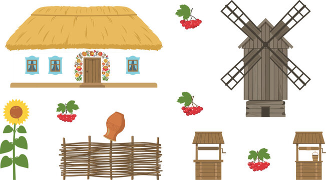 Traditional Ukrainian Village Vector Element Set with Khata House Wooden Windmill Sunflower and Wattle Fence for Folk Culture Designs (18 words)