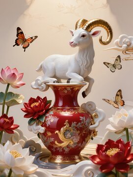 Red and white, gold porcelain sculpture featuring an elegant ram with curled horns emerging from a vase surrounded by lotus flowers peonies sculpted clouds and waves

