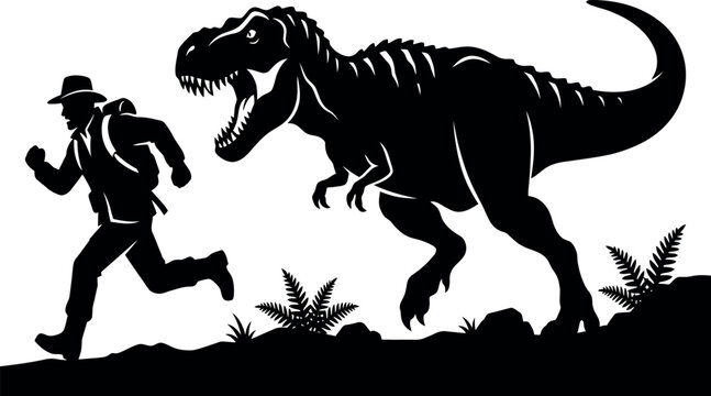 Dramatic Silhouette of a Tyrannosaurus Rex Chasing an Adventurous Explorer in the Prehistoric Jungle; High-Contrast Vector Art of a T-Rex Predator Hunting a Man on a Wild Expedition.