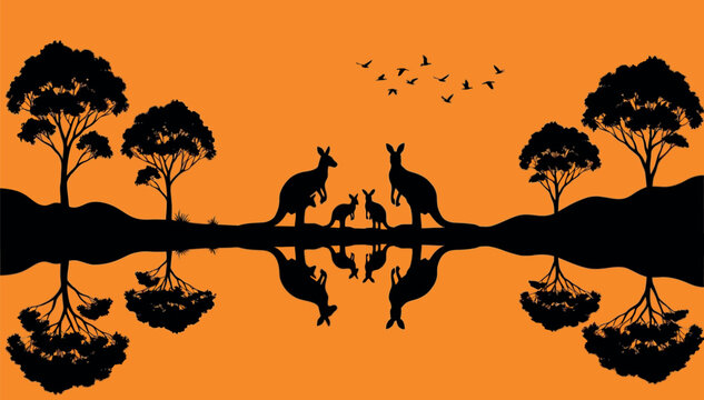 Australian Outback Sunset Landscape with Kangaroo Family Silhouette and Water Reflection. Beautiful Vector Illustration of Wild Animals in the Savannah with Birds and Trees.