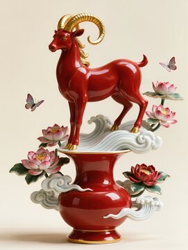 Red and white, gold porcelain sculpture featuring an elegant ram with curled horns emerging from a vase surrounded by lotus flowers peonies sculpted clouds and waves


