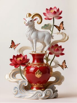 Red and white, gold porcelain sculpture featuring an elegant ram with curled horns emerging from a vase surrounded by lotus flowers peonies sculpted clouds and waves

