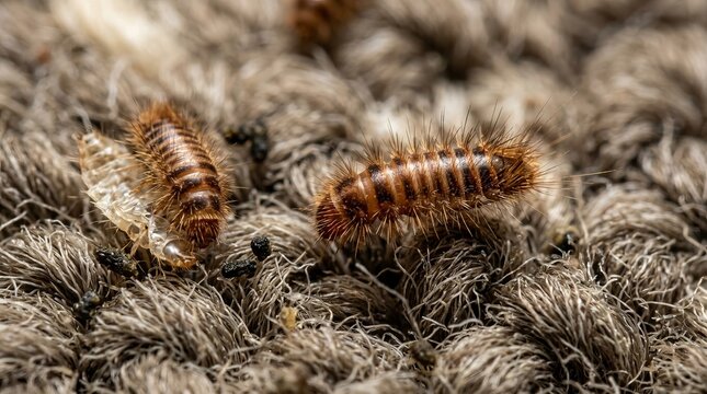 Close-up of fuzzy carpet beetle larvae crawling on textured fabric