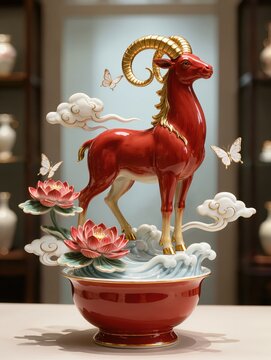 Red and white, gold porcelain sculpture featuring an elegant ram with curled horns emerging from a vase surrounded by lotus flowers peonies sculpted clouds and waves

