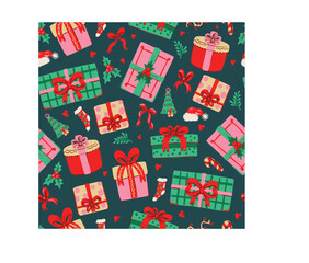 Christmas Gift Seamless Pattern with Colorful Presents Ribbons Holly and Festive Holiday Illustrations © Yumeee
