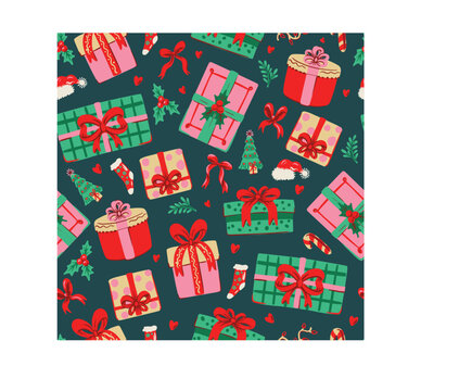Christmas Gift Seamless Pattern with Colorful Presents Ribbons Holly and Festive Holiday Illustrations