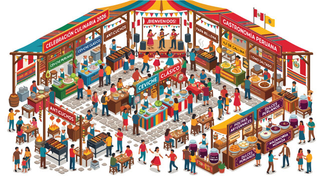Vibrant Peruvian Gastronomy Festival Illustration with People Enjoying Traditional Food and Live Music at a Lively Outdoor Culinary Celebration