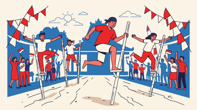 Indonesian independence day stilt race illustration