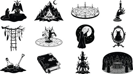 Witchcraft and occult symbolism collection featuring pentagrams, magic circles, rituals, spells, and dark entities in black and white © Shahriar