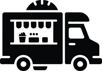 Vector illustration of a black silhouette food truck icon with awning, catering © MdMujahidFakir