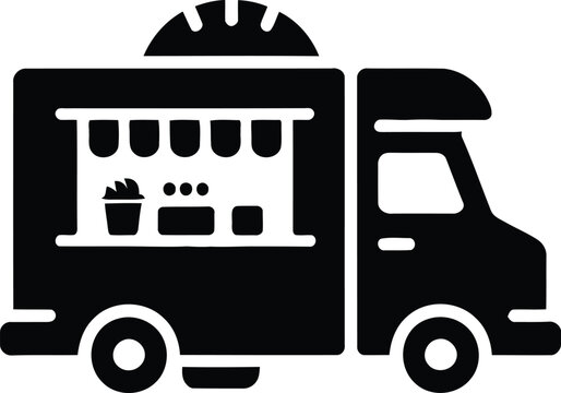 Vector illustration of a black silhouette food truck icon with awning, catering