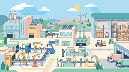 Fototapeta premium Modern Sustainable Smart Industrial Manufacturing Plant Vector Illustration