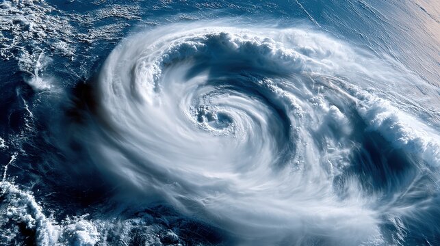 A swirling hurricane forms over the ocean, showing intense cloud spirals and powerful storm activity from a satellite view.