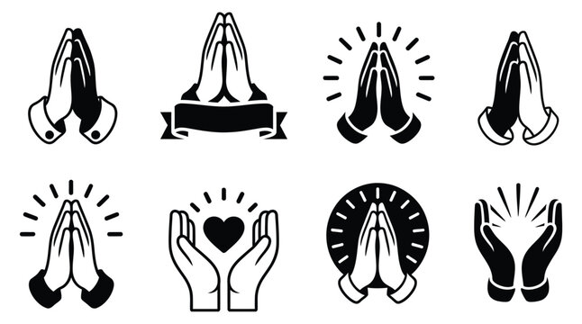 Praying hands and namaste vector icon set, spiritual gesture symbols with hand pose illustrations for meditation and religious design