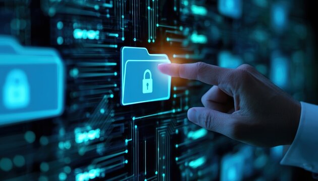 A hand points at a glowing digital folder icon with a lock symbol, representing cybersecurity and data protection in a futuristic digital interface.