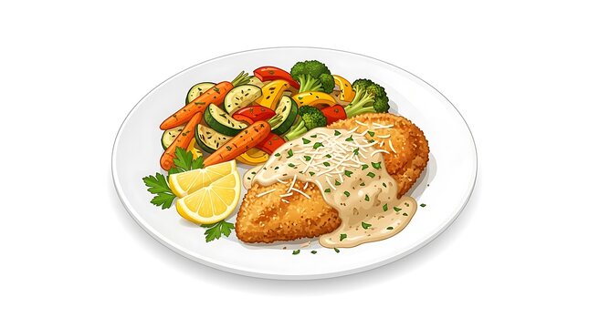 Grilled chicken breast with creamy sauce and roasted vegetables on a white plate. chicken romano illustration