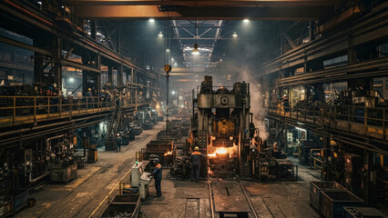 Fototapeta premium Sparks Flying from Welding Work in Large Industrial Workshop