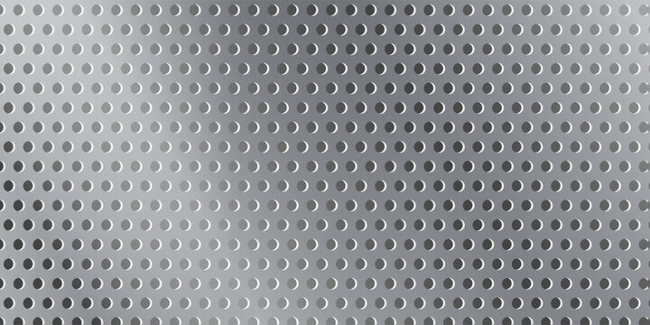 Seamless vector metal texture. gray metal with uniform round perforations. Industrial or modern workshop style. Industrial metallic perforated grill background with dark chrome texture and silver roun