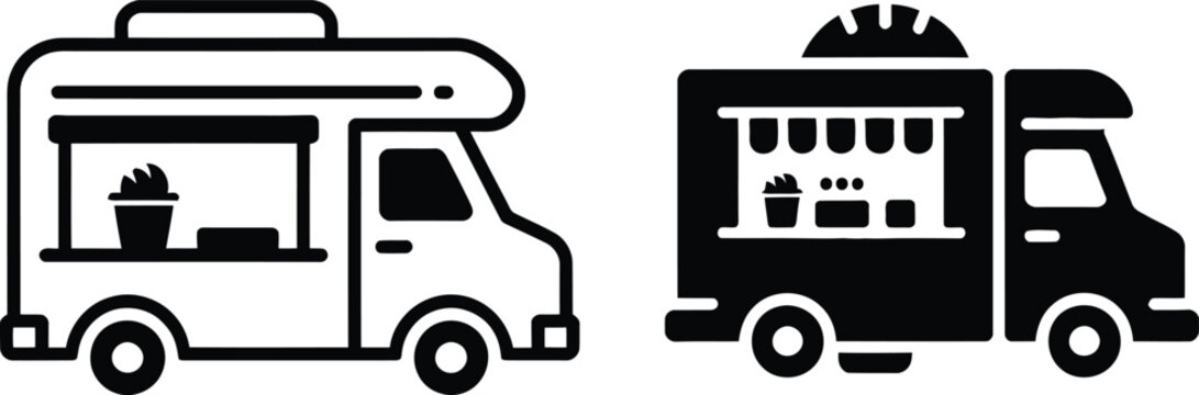 Vector illustration of food truck icon set with catering business silhouette
