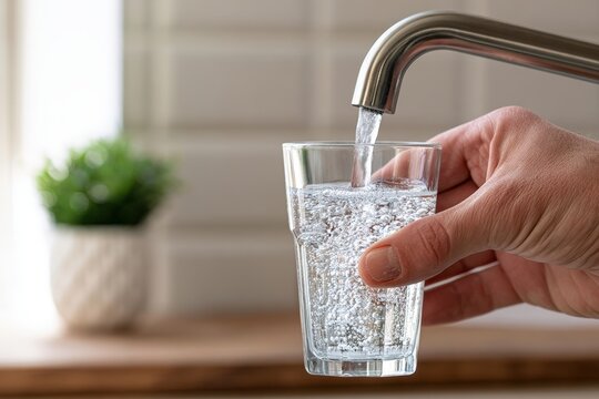 A hand holds a glass under a running faucet, filling it with clear water in a bright, indoor setting with a blurred plant in the background.