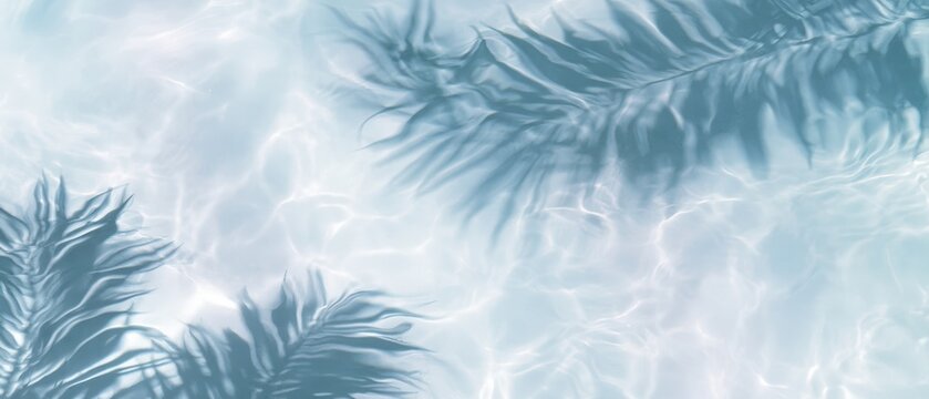 Clear water reflects palm leaves, creating a serene and tropical ambiance with soft light and gentle ripples.