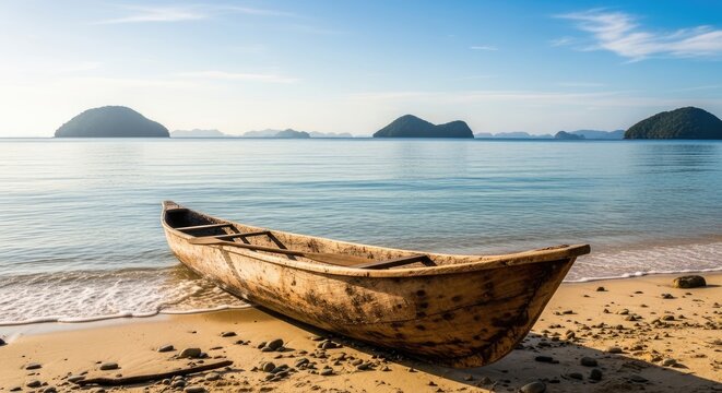 A weathered wooden boat rests on a sandy beach near the ocean. The boat is positioned in the foreground, with gentle waves lapping at the shore.