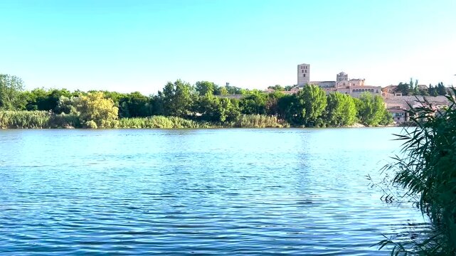 Duero river flowing through the city of zamora, spain