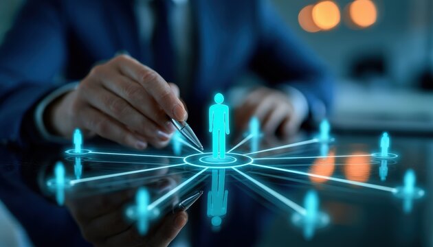 A person in a suit uses tweezers to select a holographic figure in a network, symbolizing human resource management or digital recruitment.