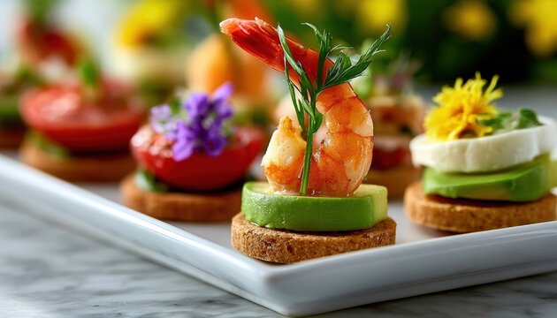 Elegant gourmet appetizers featuring shrimp, avocado, and edible flowers served on a white platter with a blurred background.