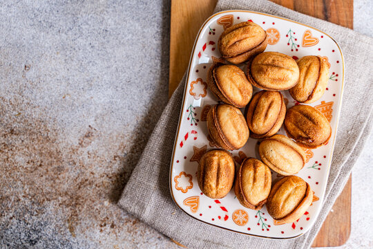 Homemade nut cookies on festive plate