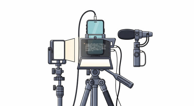 Modern mobile content creation setup with smartphone, external microphone, LED light, and teleprompter on tripod for live streaming.