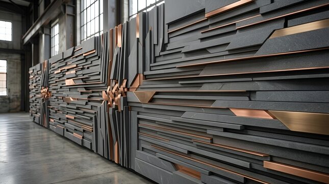 Modern architectural accent wall with geometric texture and copper elements, industrial space.