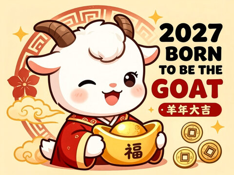 2027 Year of the Goat Chinese New Year illustration, cute cartoon goat holding gold ingot, lunar new year greeting card with 2027 born to be the goat text