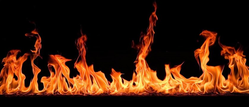 Bright orange flames dancing against a pitch-black background, creating a vivid and dynamic fire display.