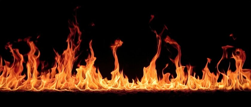 Bright orange flames flicker vigorously against a pitch-black background, showcasing dynamic fire movement and intense heat.