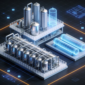 Industrial digital twin of chemical processing plant, 3D isometric factory model with holographic wireframe tanks, smart manufacturing facility concept